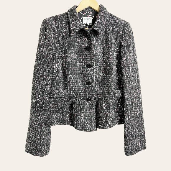 Armani Collezioni Black Pink Tweed Peplum Ruffle Hem Button Front Jacket 10 - Picture 1 of 12